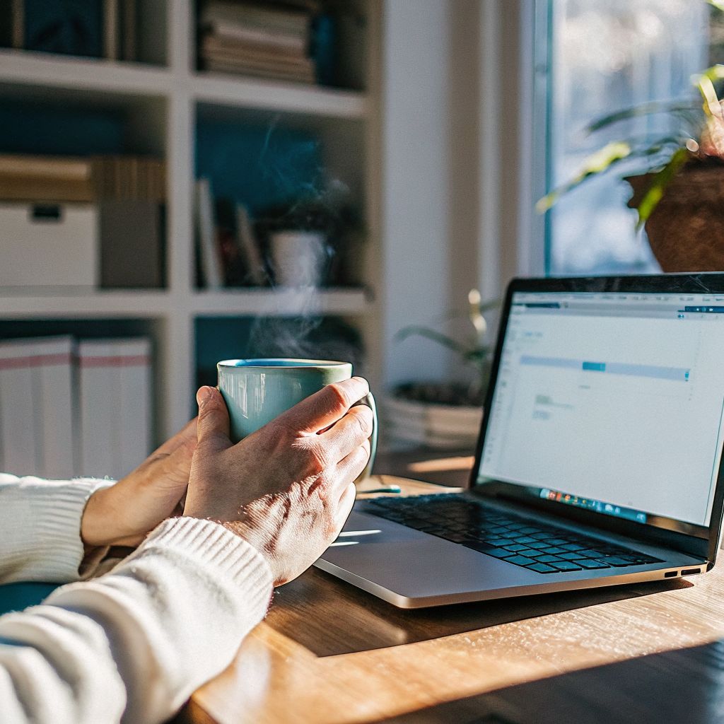 person staring at an email inbox, hands paused above keyboard
