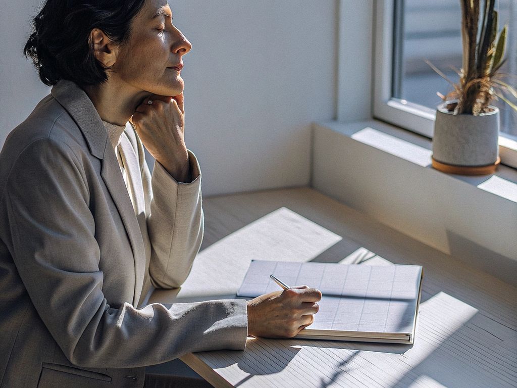 mid-career professional pausing at their desk