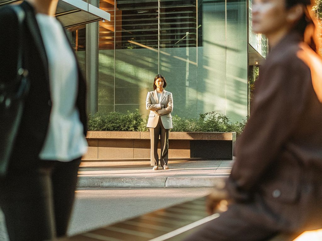 Leader in a bustling city pausing with calm focus