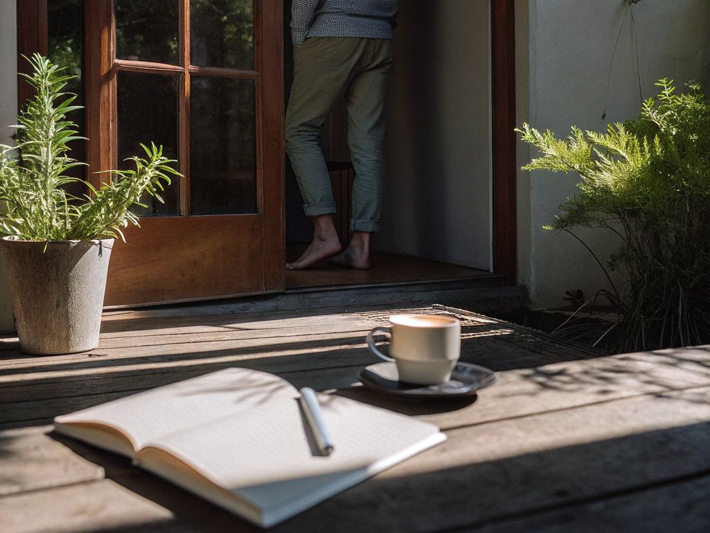 person pausing on the threshold between shadow and light