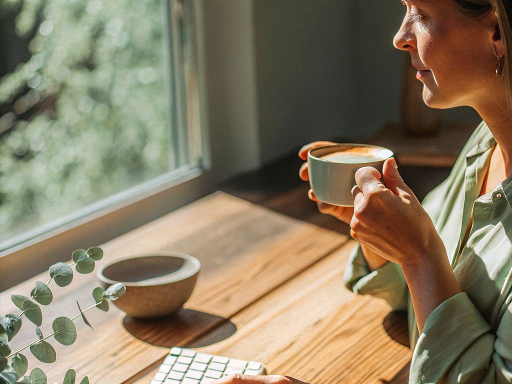 woman pausing with coffee in morning light