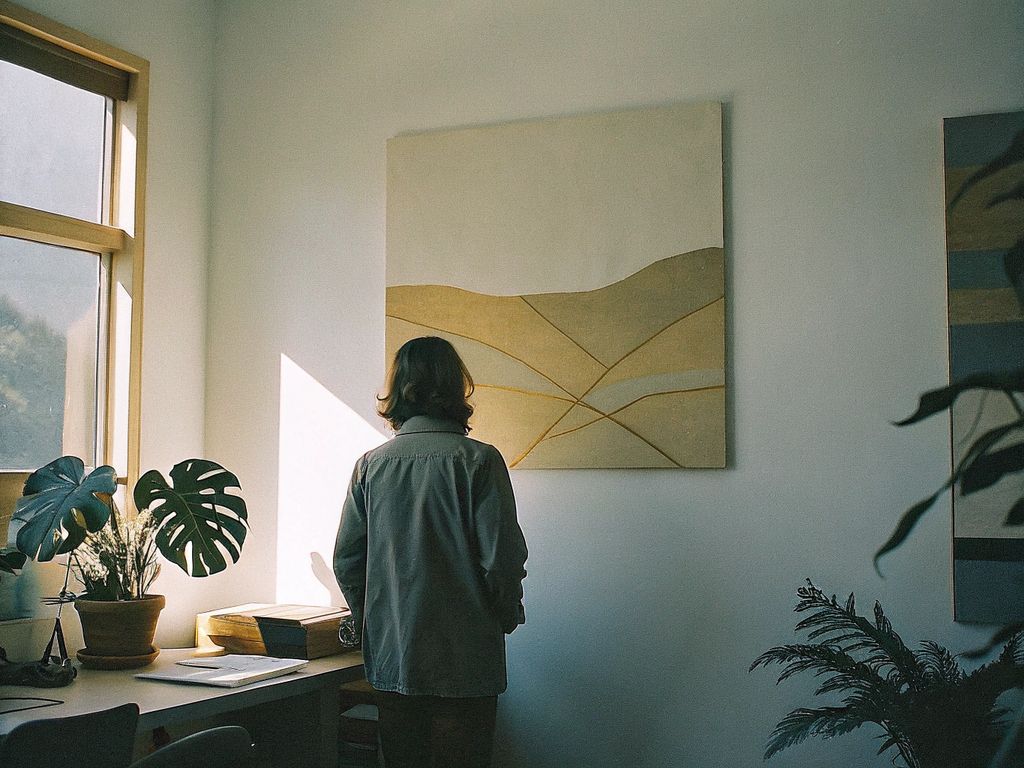 person contemplating a large abstract painting