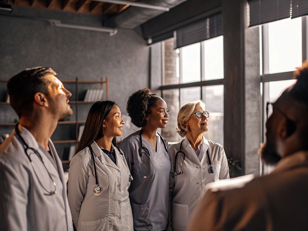 diverse healthcare team pausing together for a brief mindfulness practice