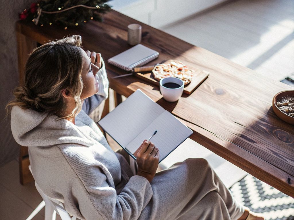 woman journaling at kitchen table