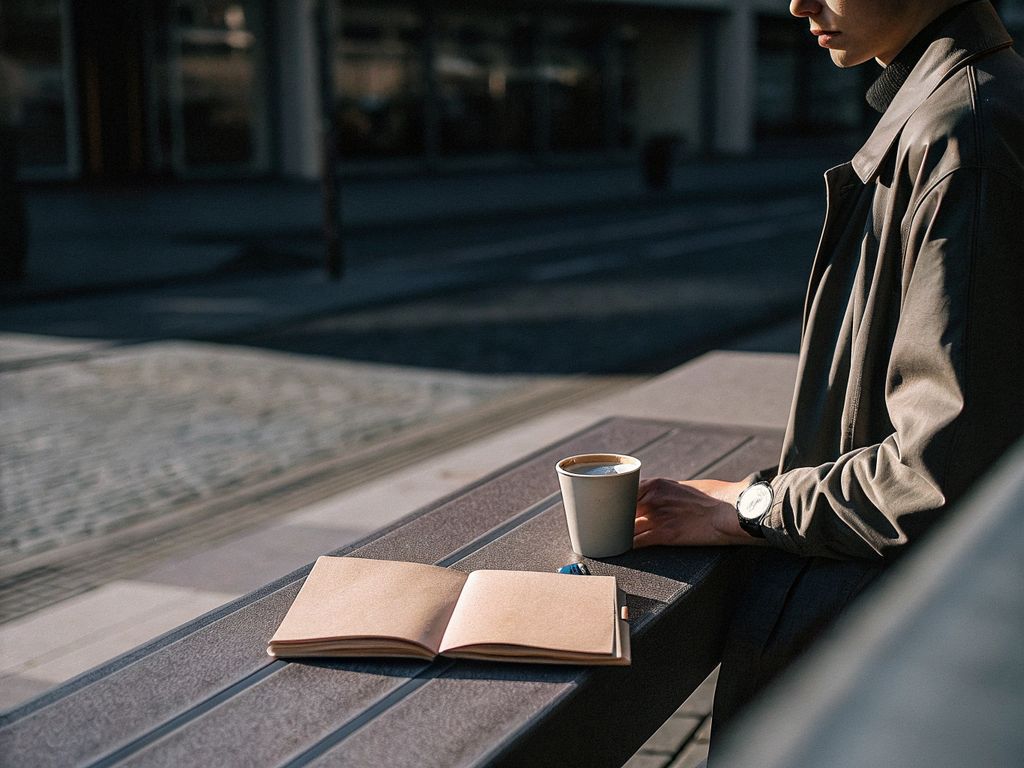 person pausing thoughtfully, urban background