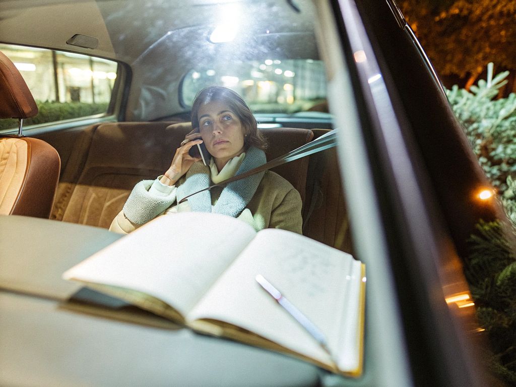 person in car at night, lit by phone