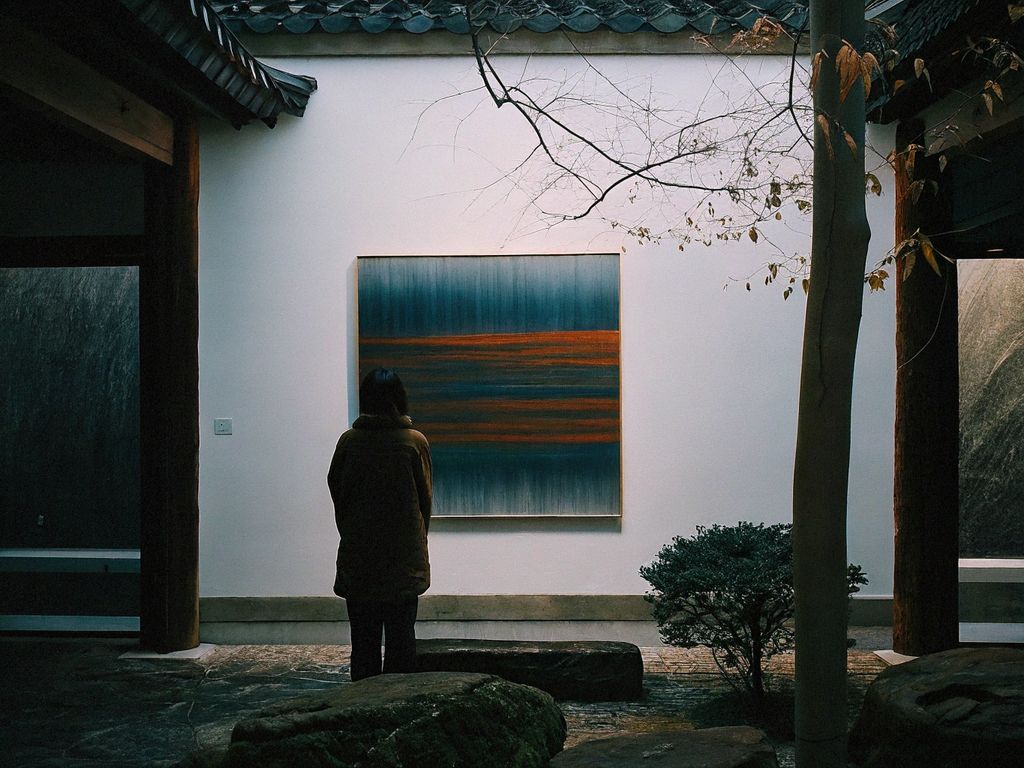 person gazing intently at an abstract painting