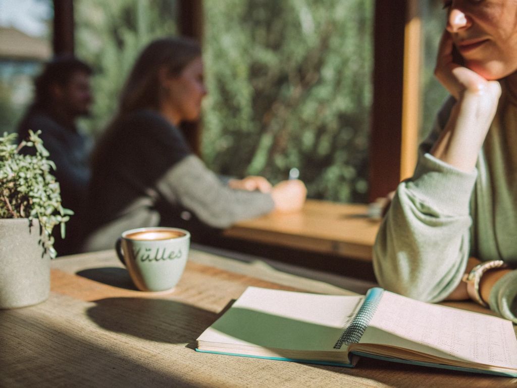 thoughtful woman journaling at a bright table