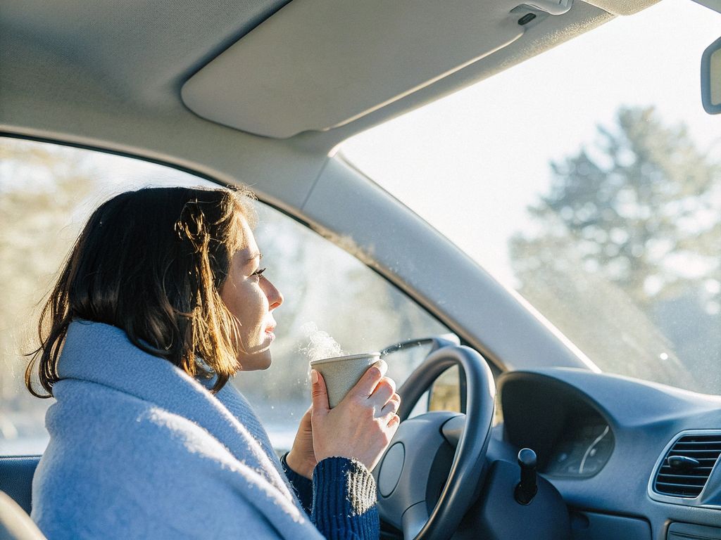 person in parked car, gray morning, hands on mug