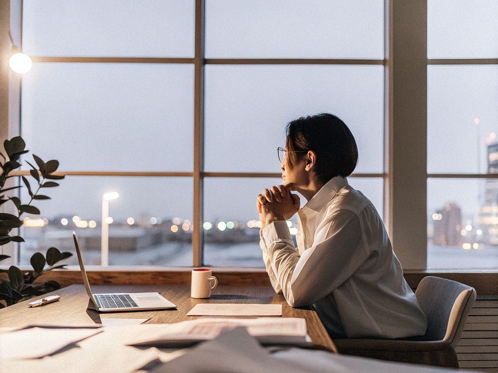 leader alone in office at night, city skyline