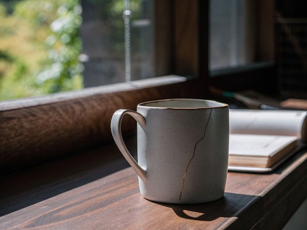 hairline crack in a mug, warm sunlight