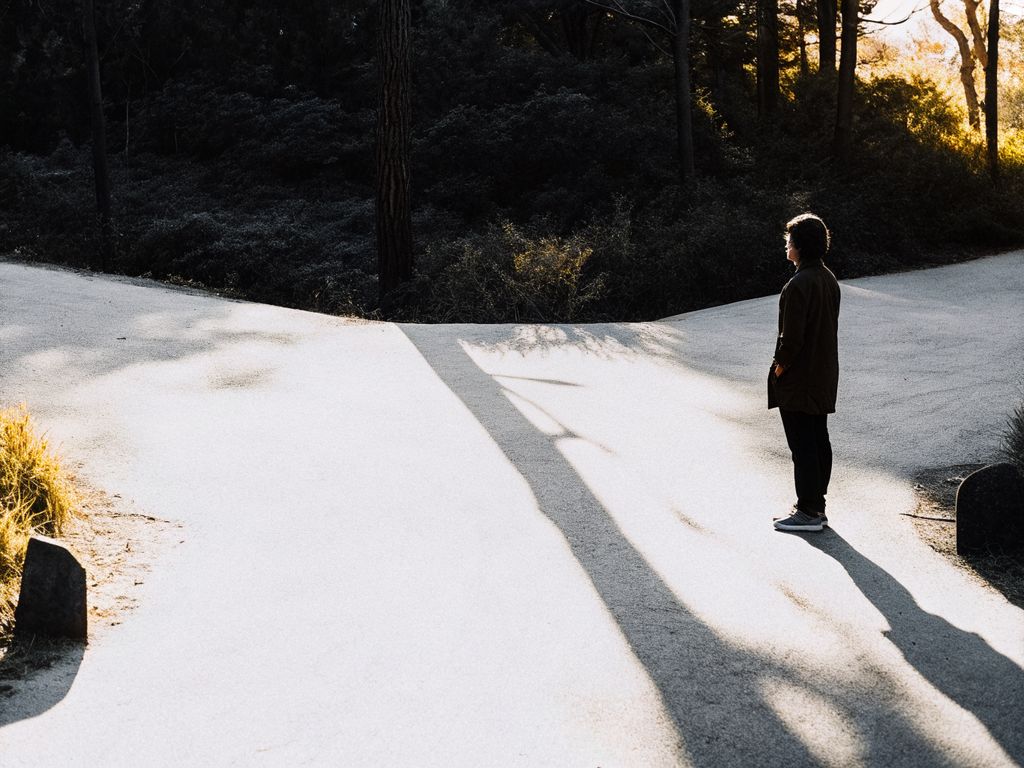 person pausing at a crossroads