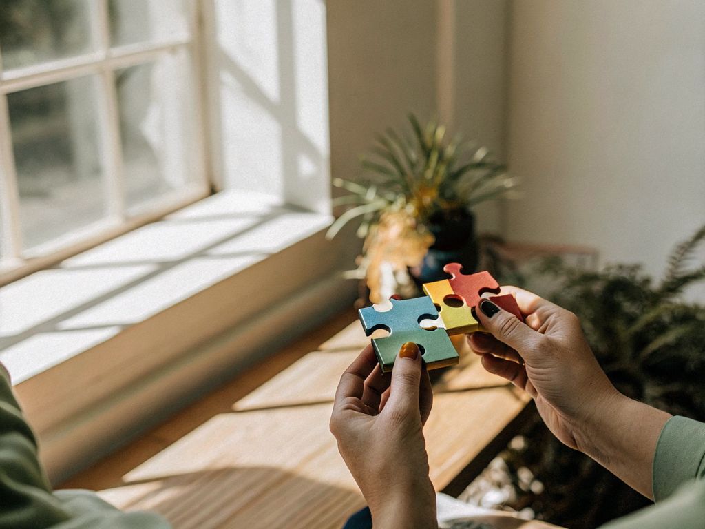 hands holding colorful puzzle pieces representing emotions