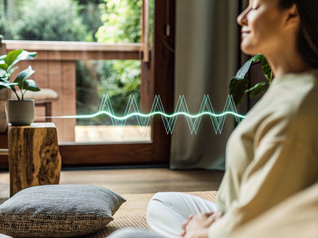 person practicing mindful breathing with heart rhythm graph