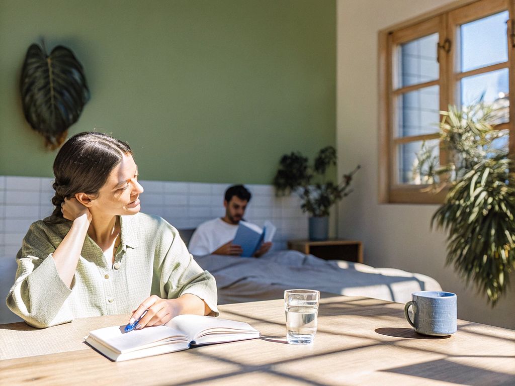 individual reflecting at kitchen table with journal and vision board