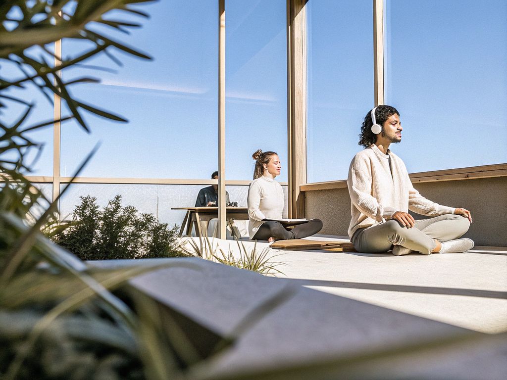 group of professionals meditating in a bright workspace