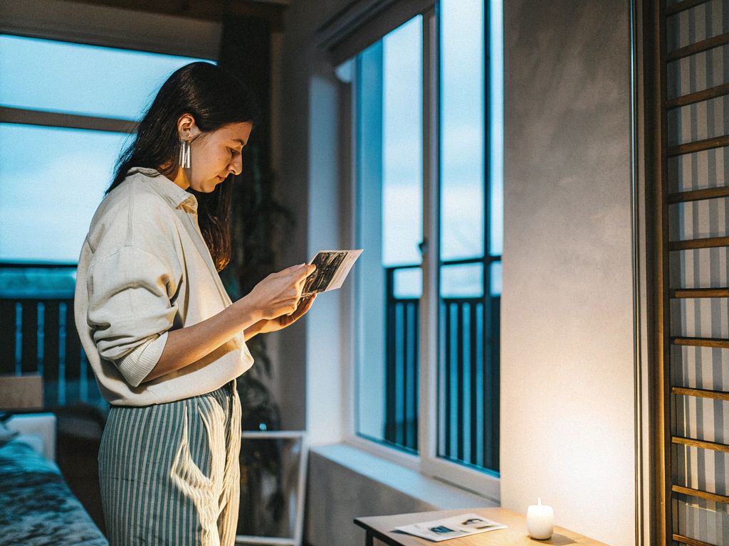 woman staring at an old photo in dim apartment light