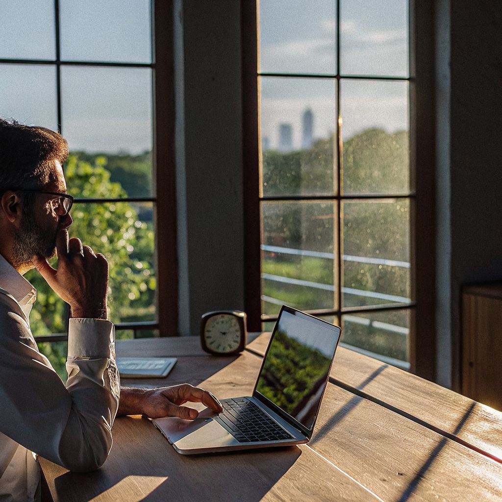Leader at desk staring at laptop, looking overwhelmed