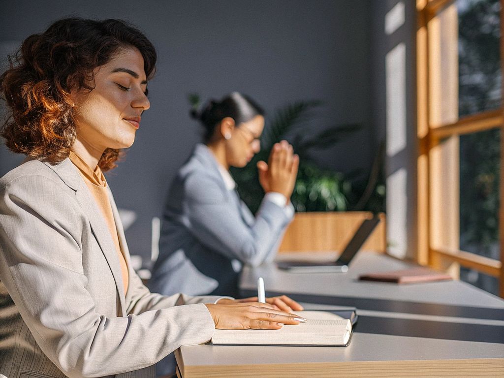 focused professional pausing at desk