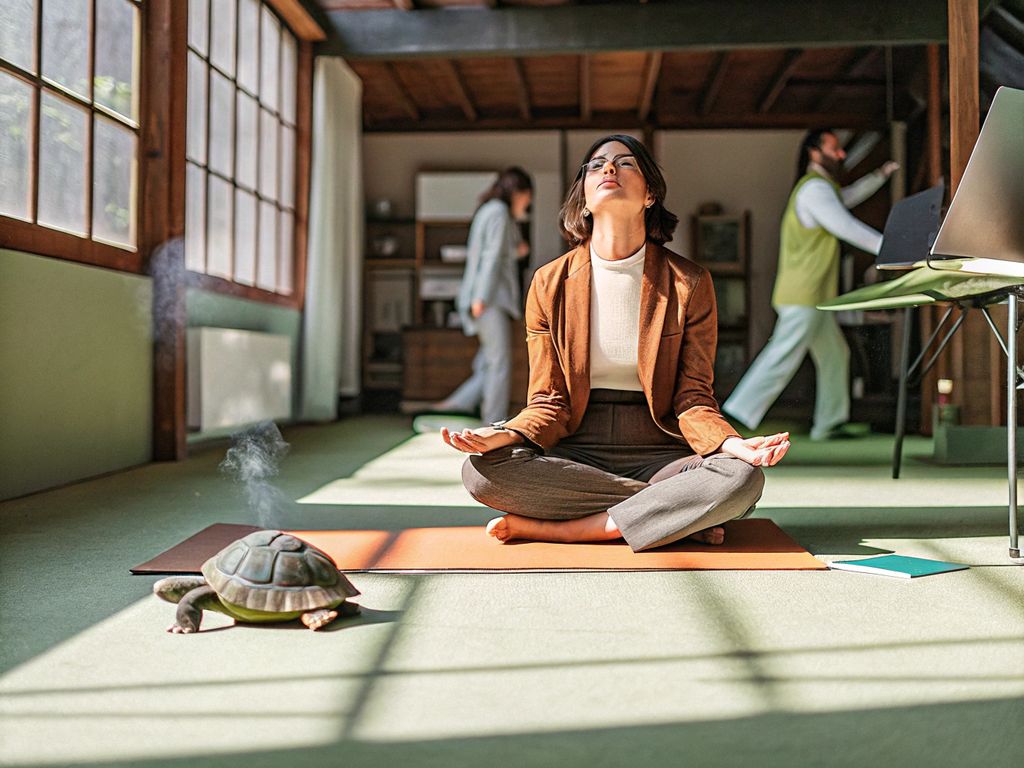 person in business attire sitting mindfully among a chaotic office scene