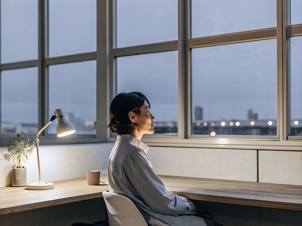 Leader sitting alone at a desk late at night, city lights glowing outside the window