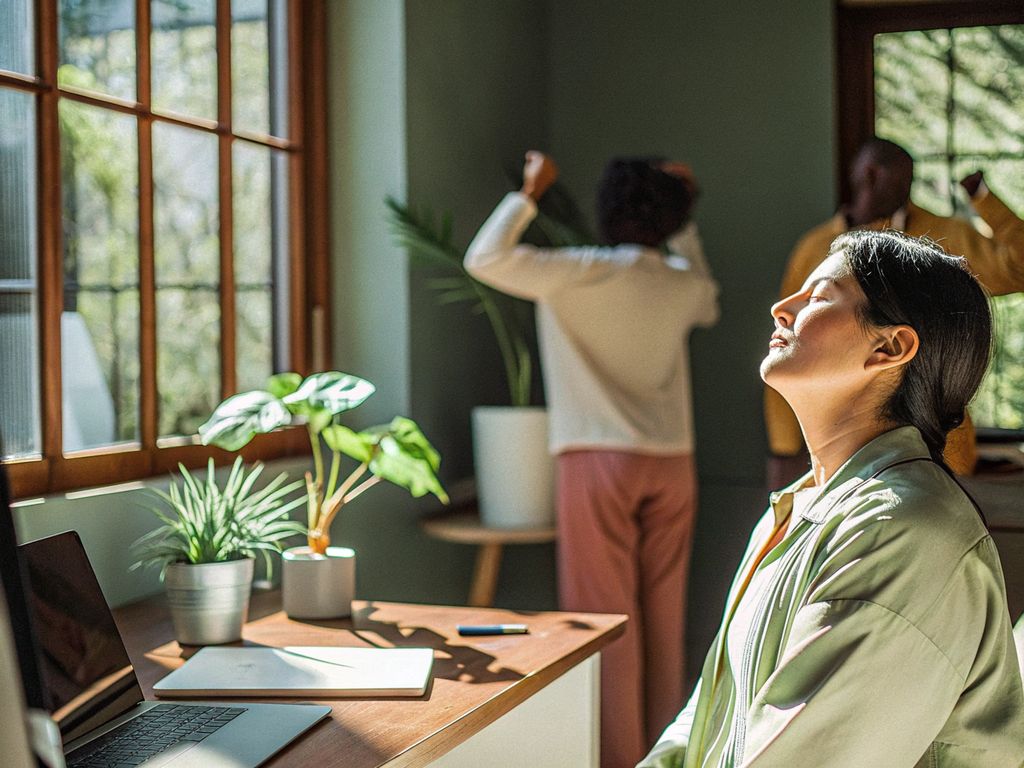 person pausing at desk with eyes closed and sunlight on face