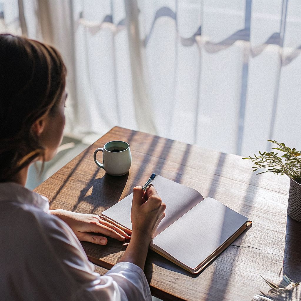 woman sitting with a blank notebook at a table