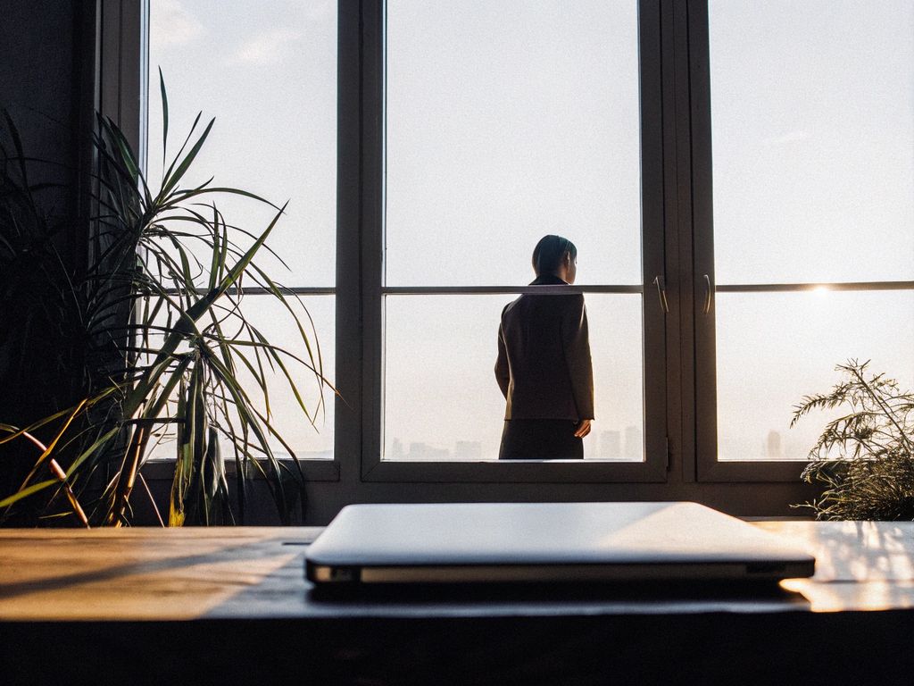 person pausing at window, reflecting, city skyline