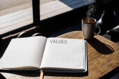 Notebook with 'Values' circled next to a coffee mug
