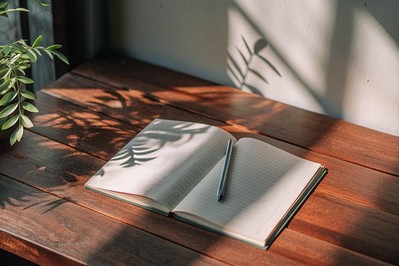 Morning sunlight on an open journal with a pen and plant shadows