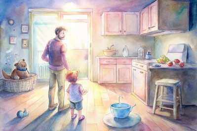 Parent and child sharing a calm breath in a busy kitchen