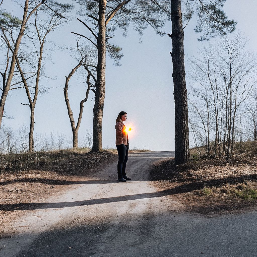 Inner alignment crossroads: person standing with a soft glow at the chest