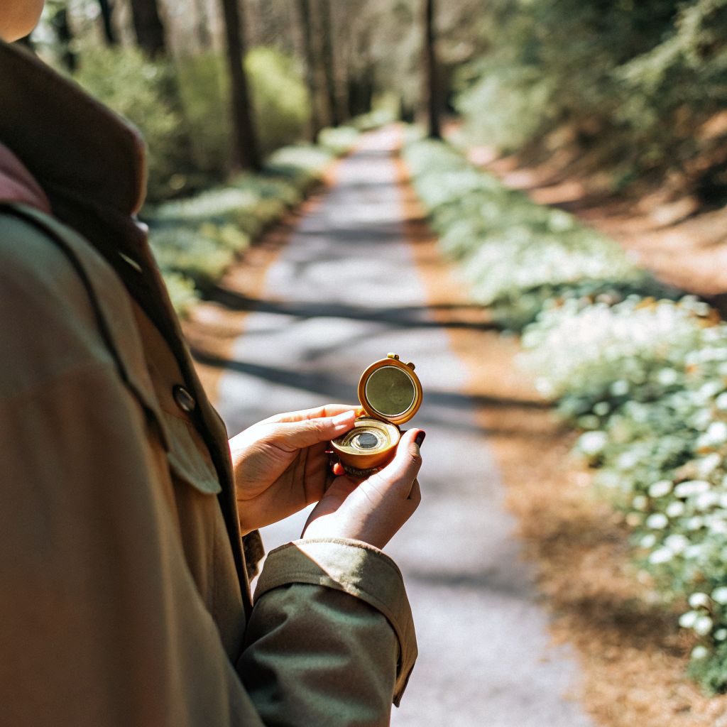 person holding a compass while standing on a quiet path