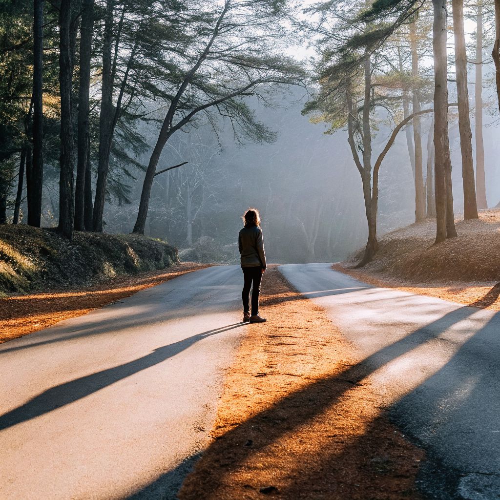 Inner alignment begins at a crossroads as a person pauses before choosing a path