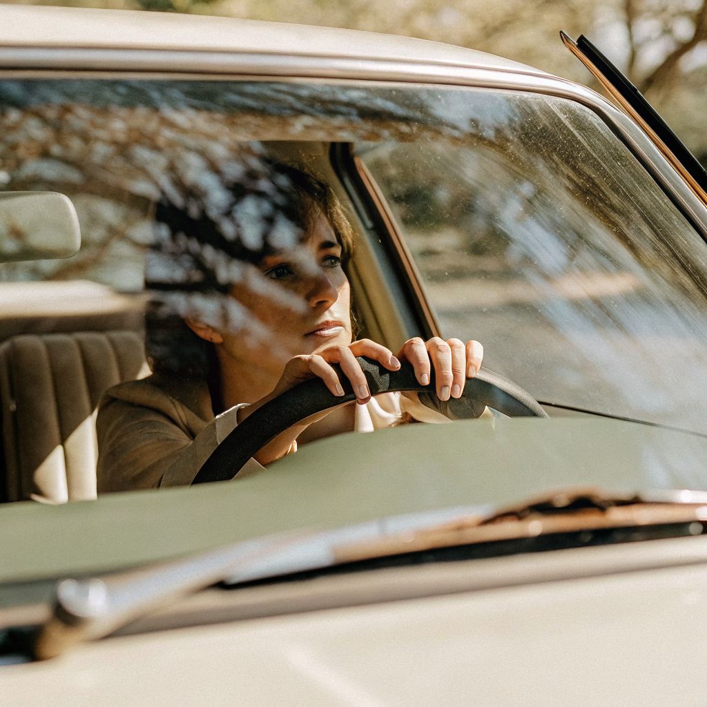 Person sitting in a parked car, noticing inner alignment signals before making a change