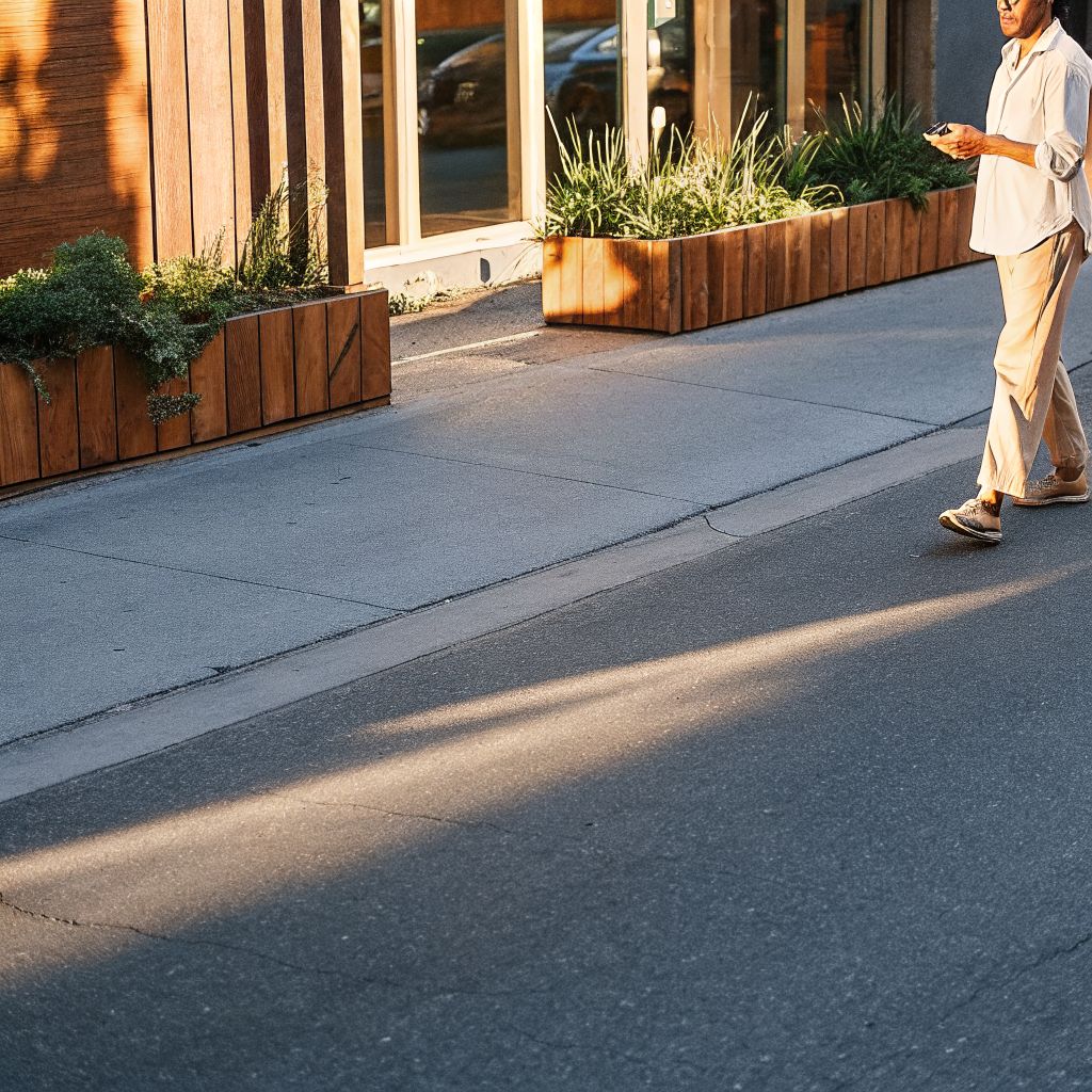 Person exhaling while walking on a quiet street, reflecting inner alignment