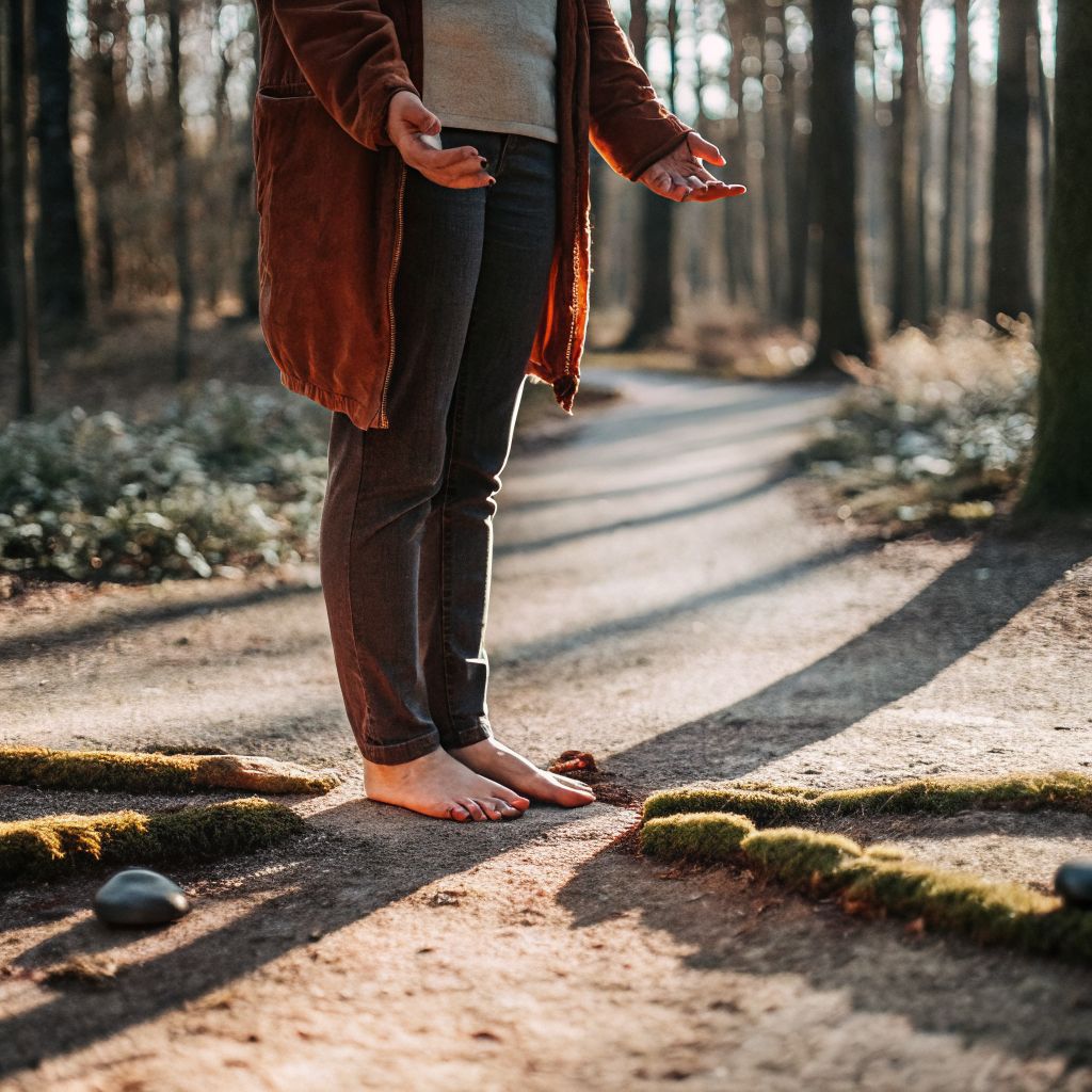 Person standing at a crossroads with two paths merging ahead