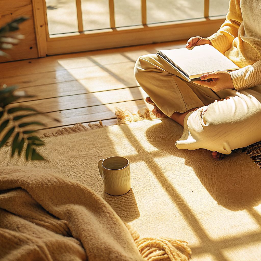 person sitting with a notebook, noticing bodily tension
