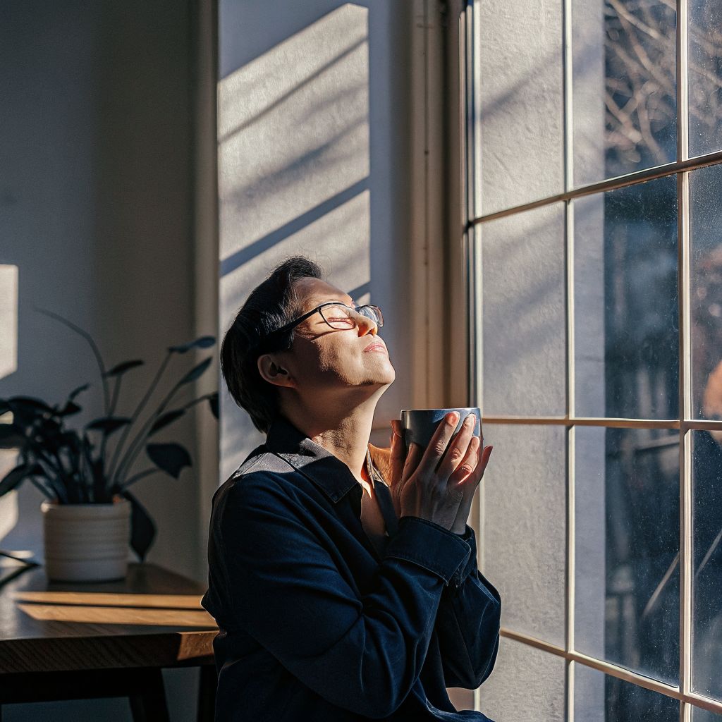 Leader pausing to reflect before the workday, modeling conscious leadership and presence