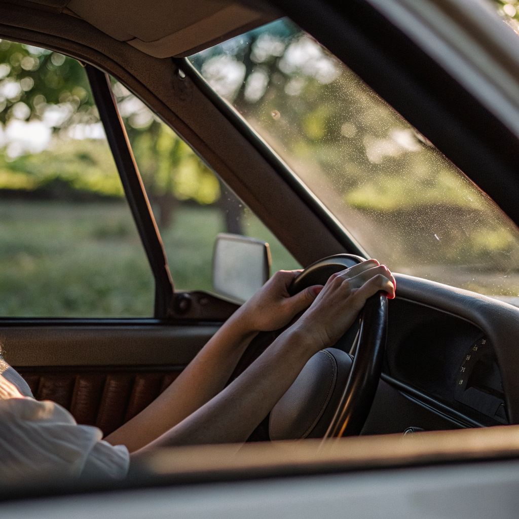 Living in alignment: person sitting in a car with hands on the steering wheel, reflecting on a quiet inner no