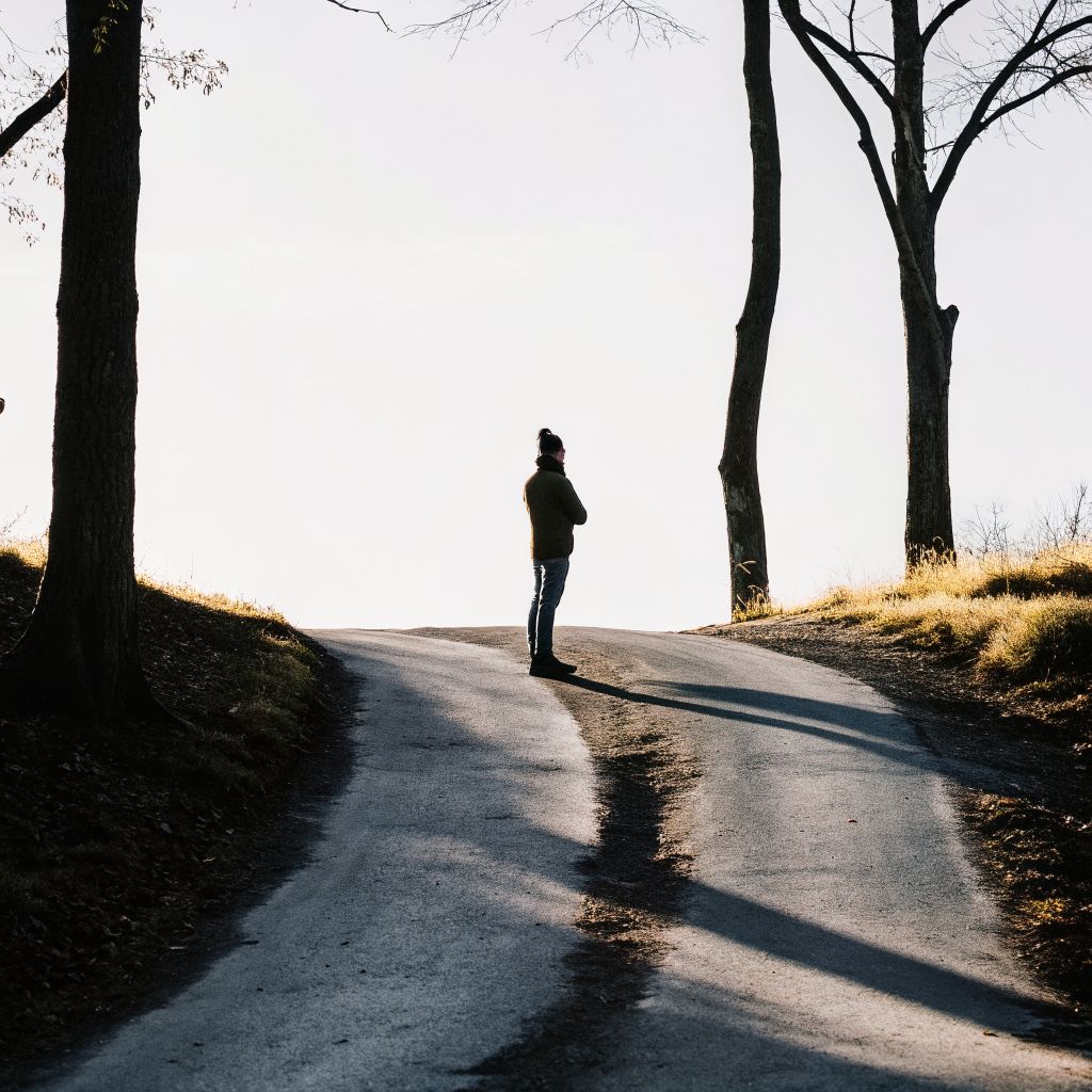 A person standing at a forked path choosing a new direction
