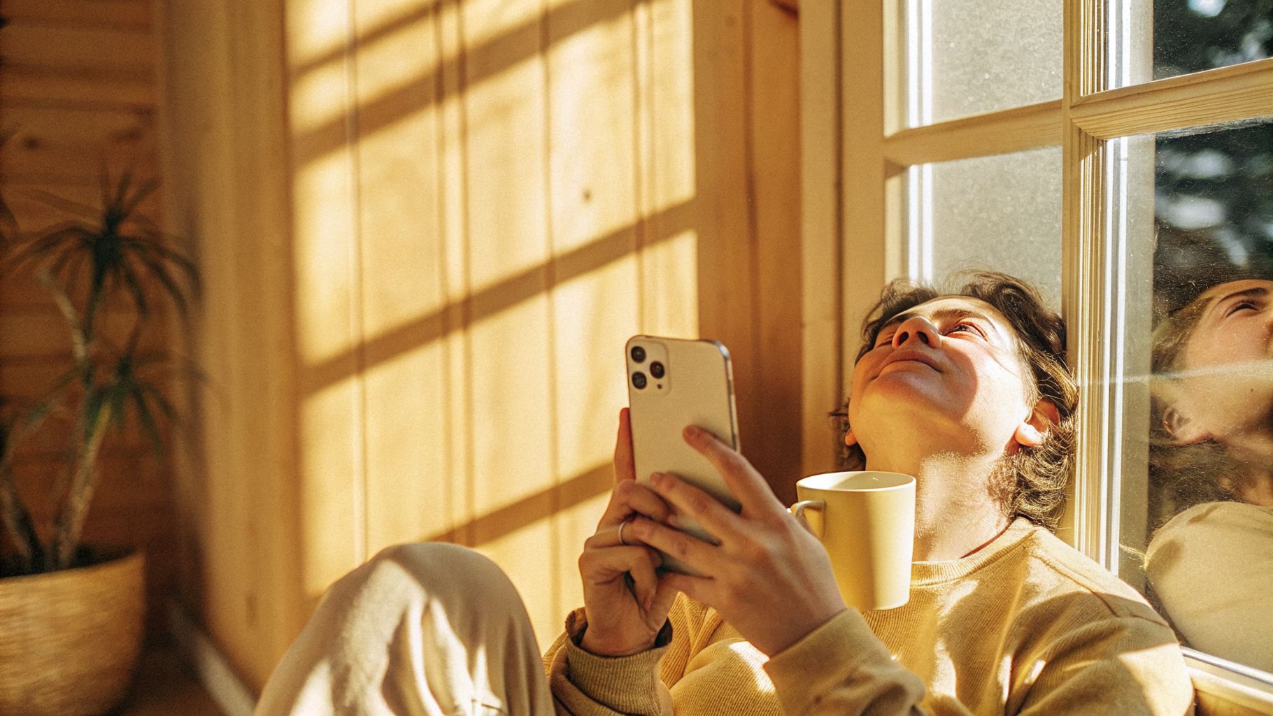 Person pausing mid-scroll on a phone, a moment of awareness and change
