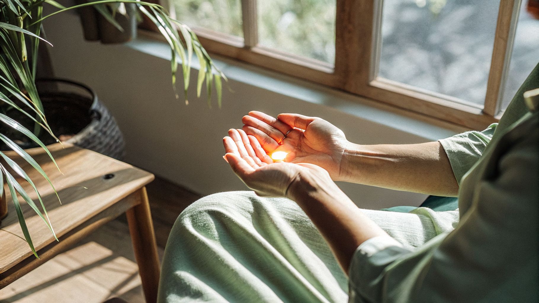 A person holding a small light in a dim room, showing that energy flows where attention goes