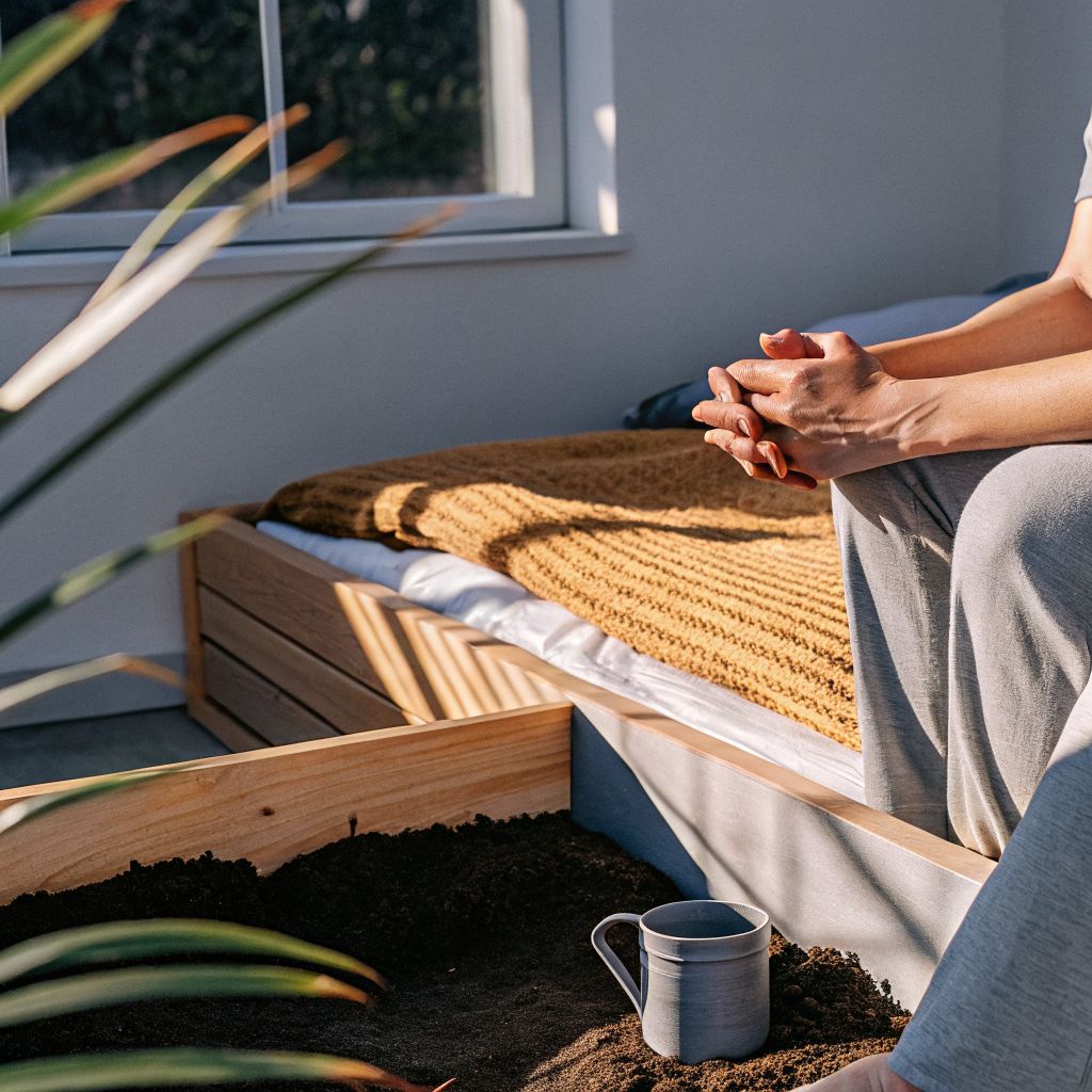 person sitting on the edge of a bed at dawn, hands clasped