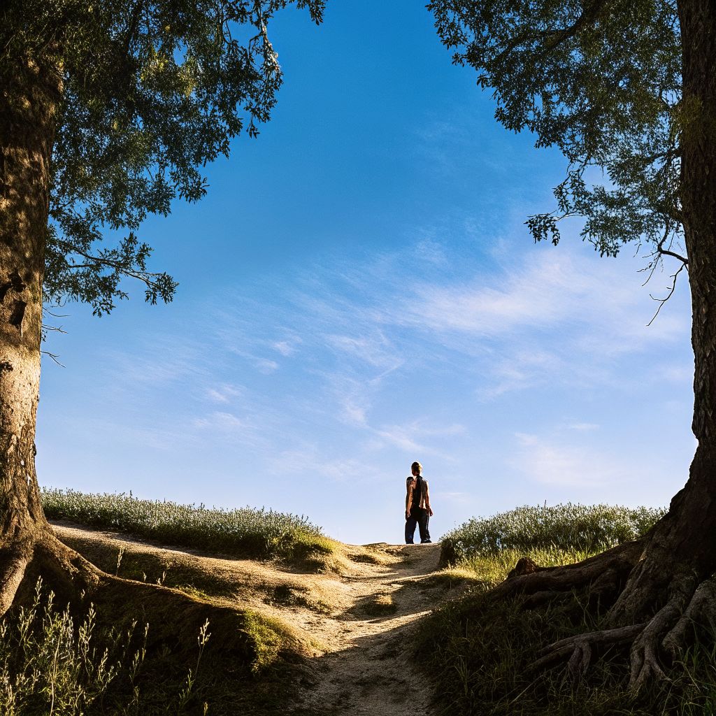 Person at a forest crossroads, symbolizing how the inner world creates outer world through daily choices