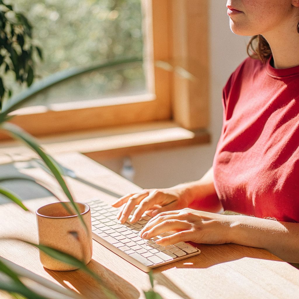 person at a desk pausing with hands on keyboard, eyes soft