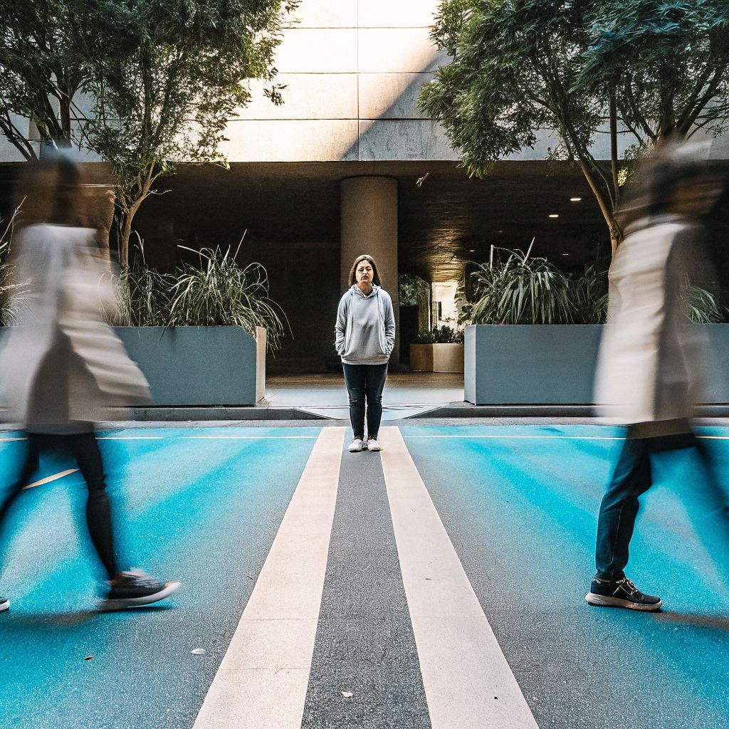 A calm pause between two moving crowds, showing the space between stimulus and response