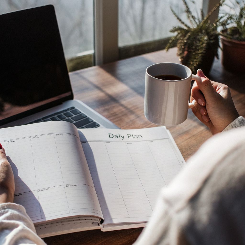 Leader preparing quietly before work with notebook and coffee