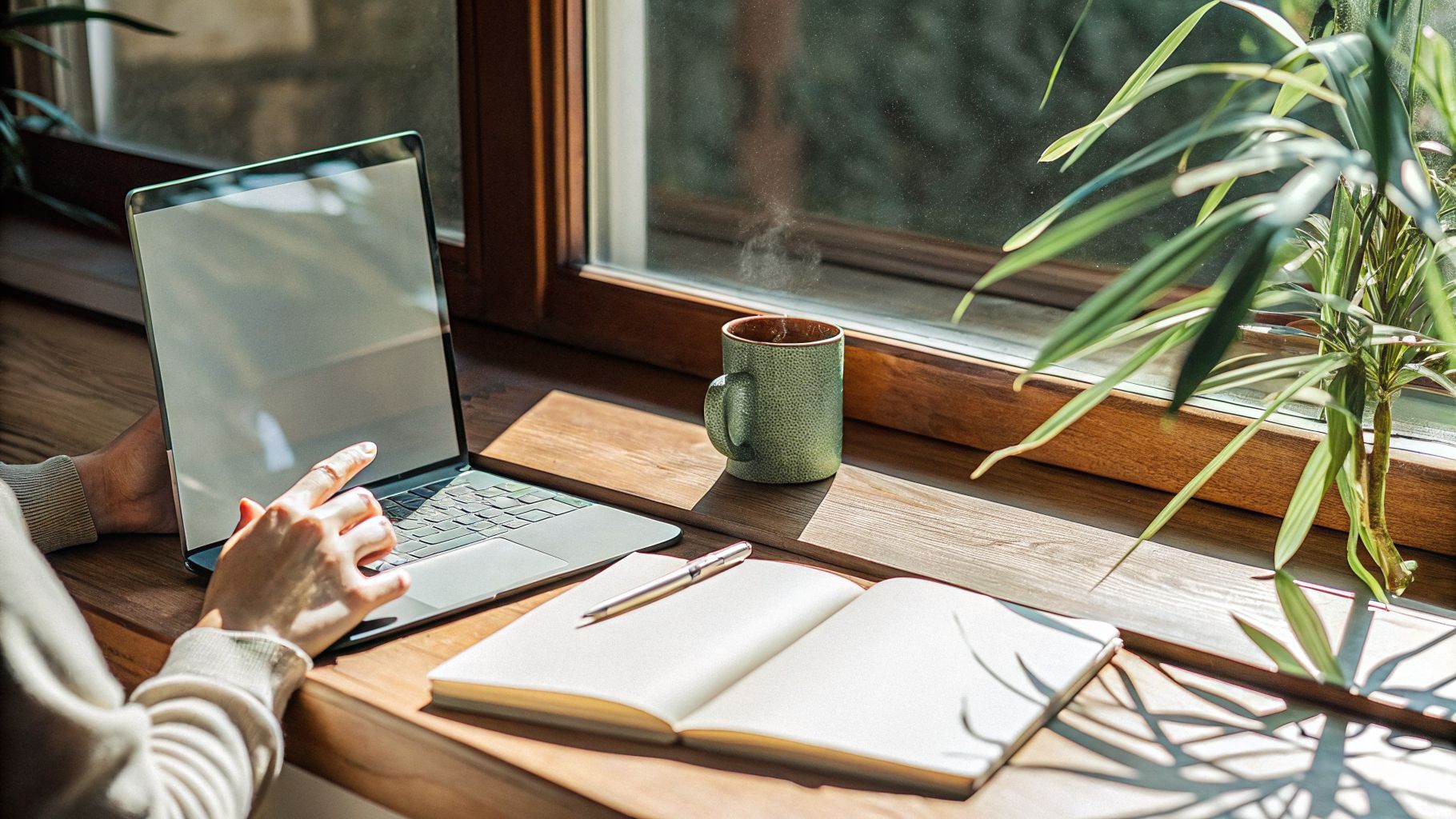 emotional patterns success: person pausing before starting work on a laptop