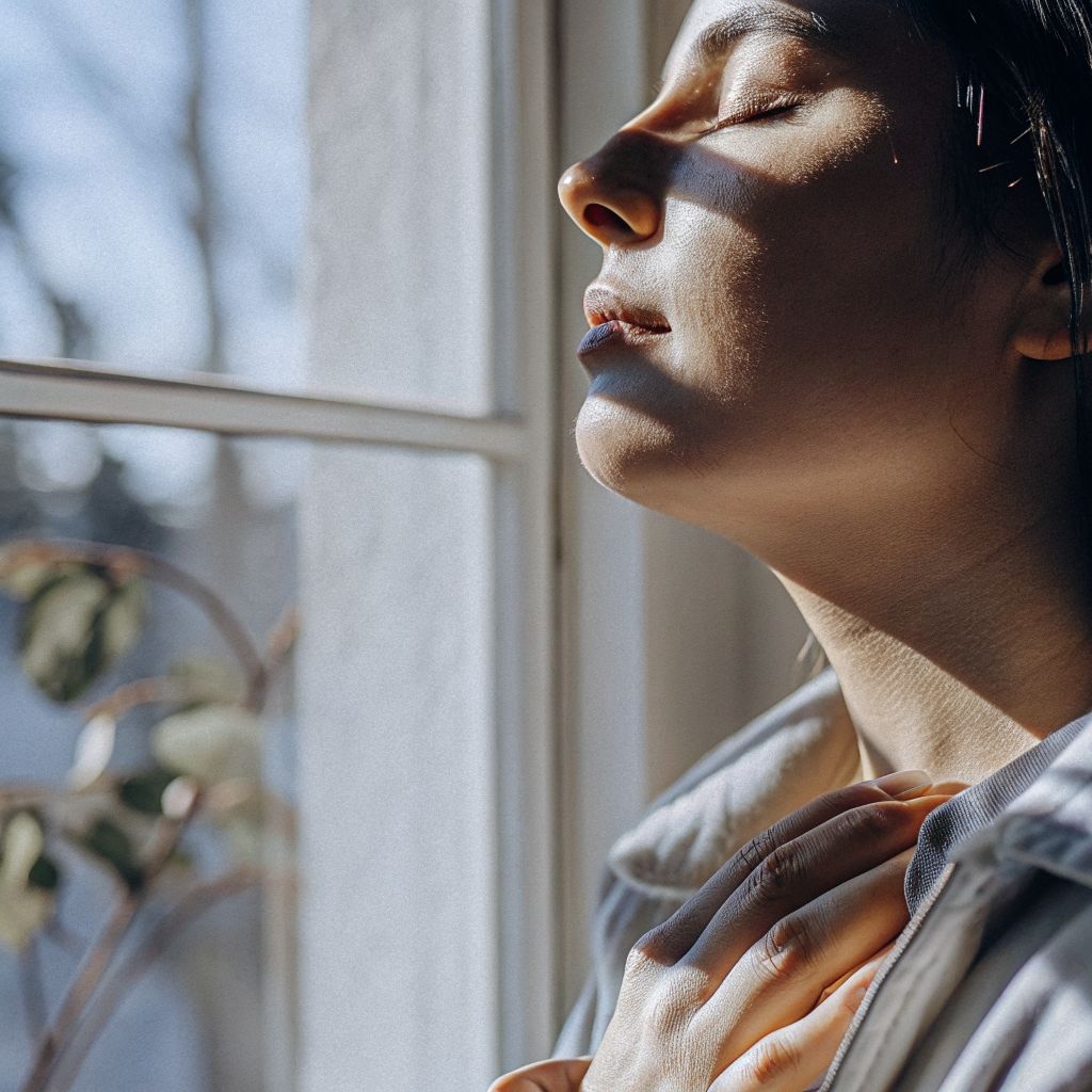 Space between stimulus and response—person pausing with eyes closed, hand on chest